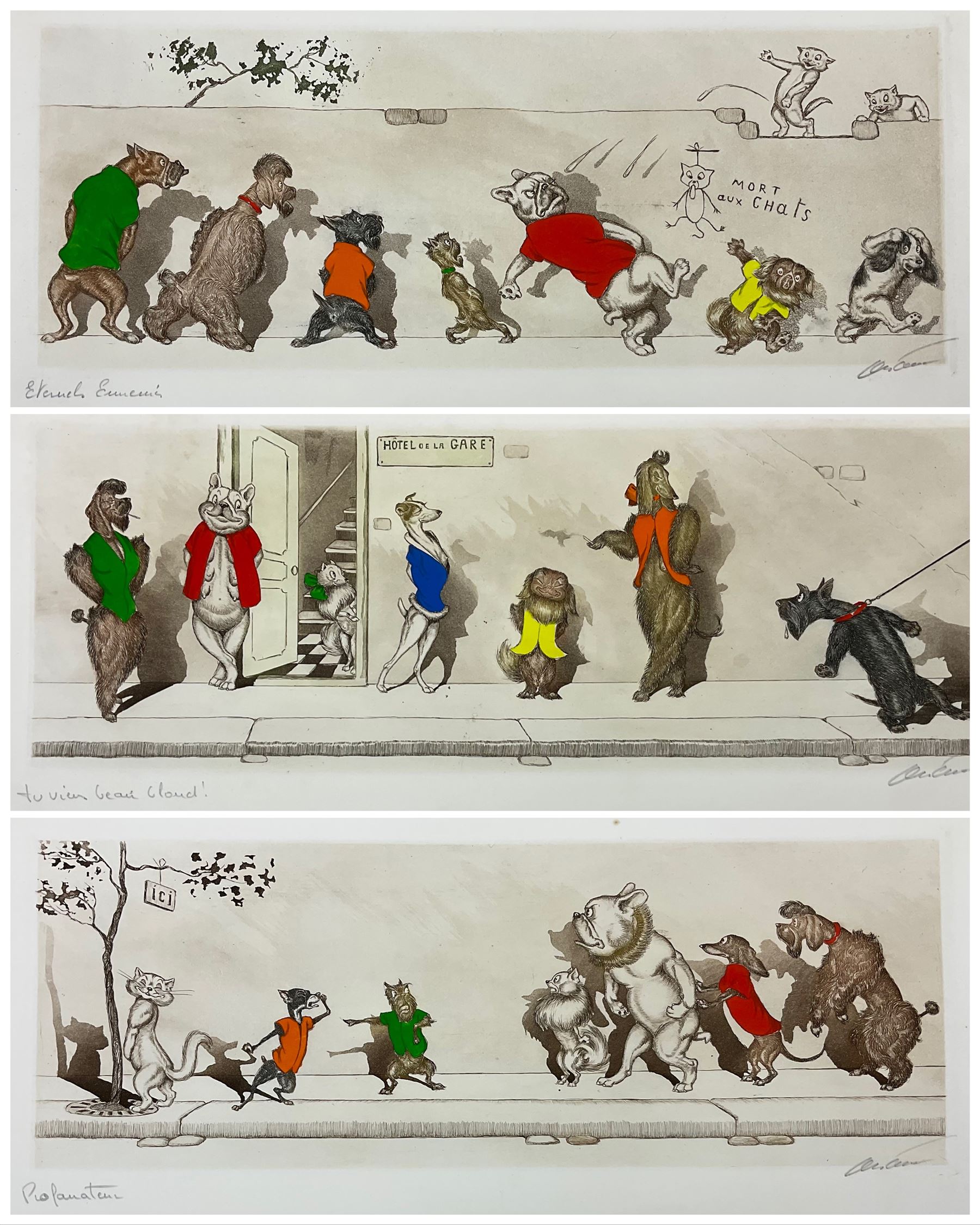 Arthur 'Boris' Klein (French  1893-1985): 'Eternels Enemies' 'Le Profanateur' 'Tu Viens Beau Blond' 'Sans Interdit' and 'O' Liberte', five etchings with hand colouring (and one duplicate) signed and titled in pencil from the 'Dirty Dogs of Paris' series 16cm x 44cm (6) (unframed)