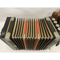 Three European concertinas, comprising Viceroy German concertina with 21 keys, hexagon wooden frame and 8 fold bellows
Oak framed concertina with 12 keys and 8 fold bellows
Commander concertina with 12 keys and 12 fold bellows
With tutor