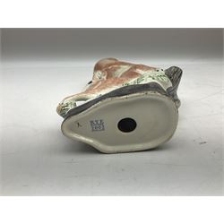 Six Rye Pottery figures, comprising, jumping fox, squirrel upon a branch, billy goat, bull, chicken and cockerel  