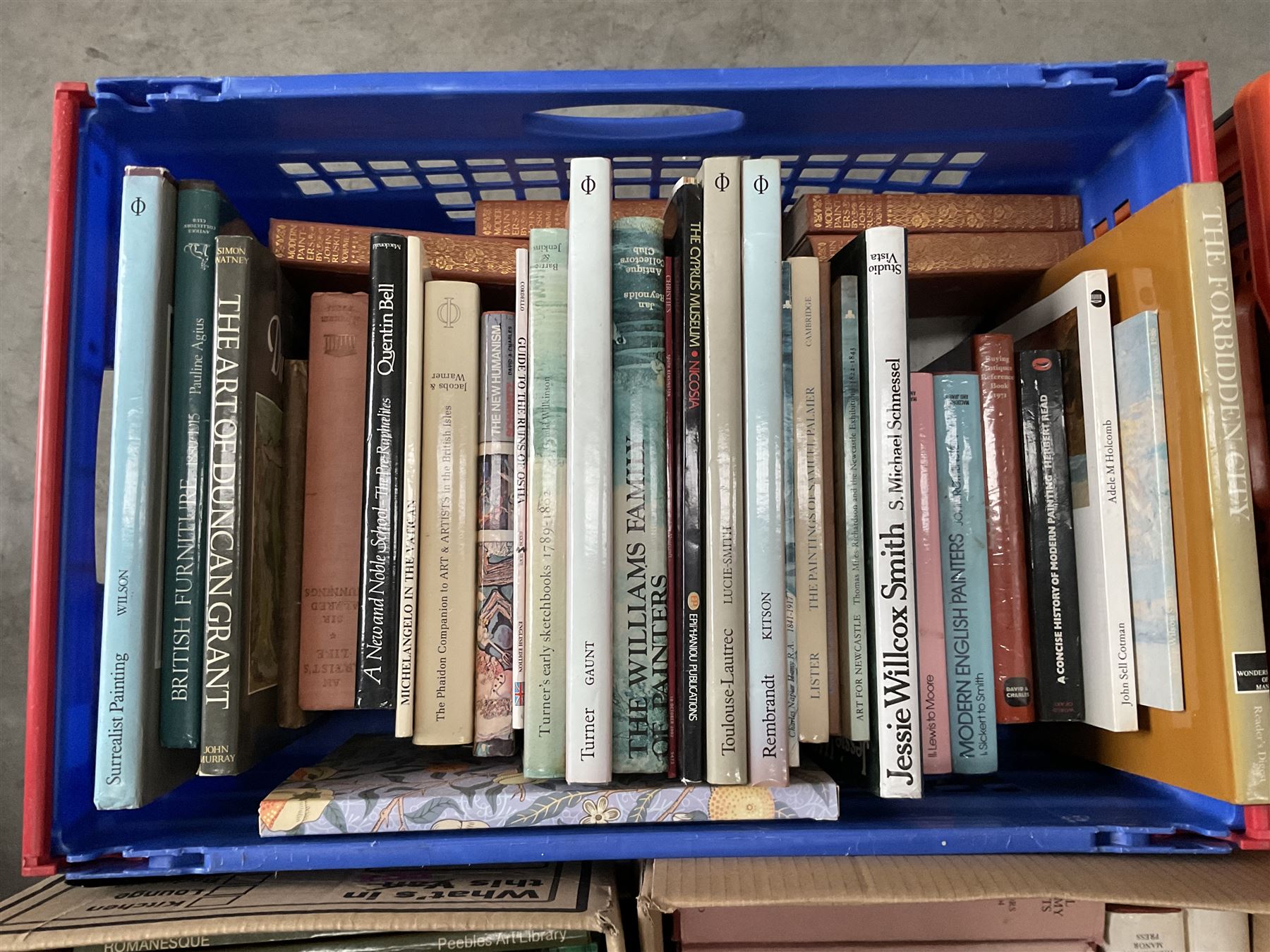 Extremely large collection of reference books on painting and decorative art, to include artist’s monographs, exhibition catalogues, Graves Royal Academy Exhibitors, Paintings in Public Ownership, artist dictionaries, etc (13 boxes) 
Notes: COLLECTION FROM DUGGLEBY STORAGE, GREAT HILL, EASTFIELD, SCARBOROUGH, YO11 3TX