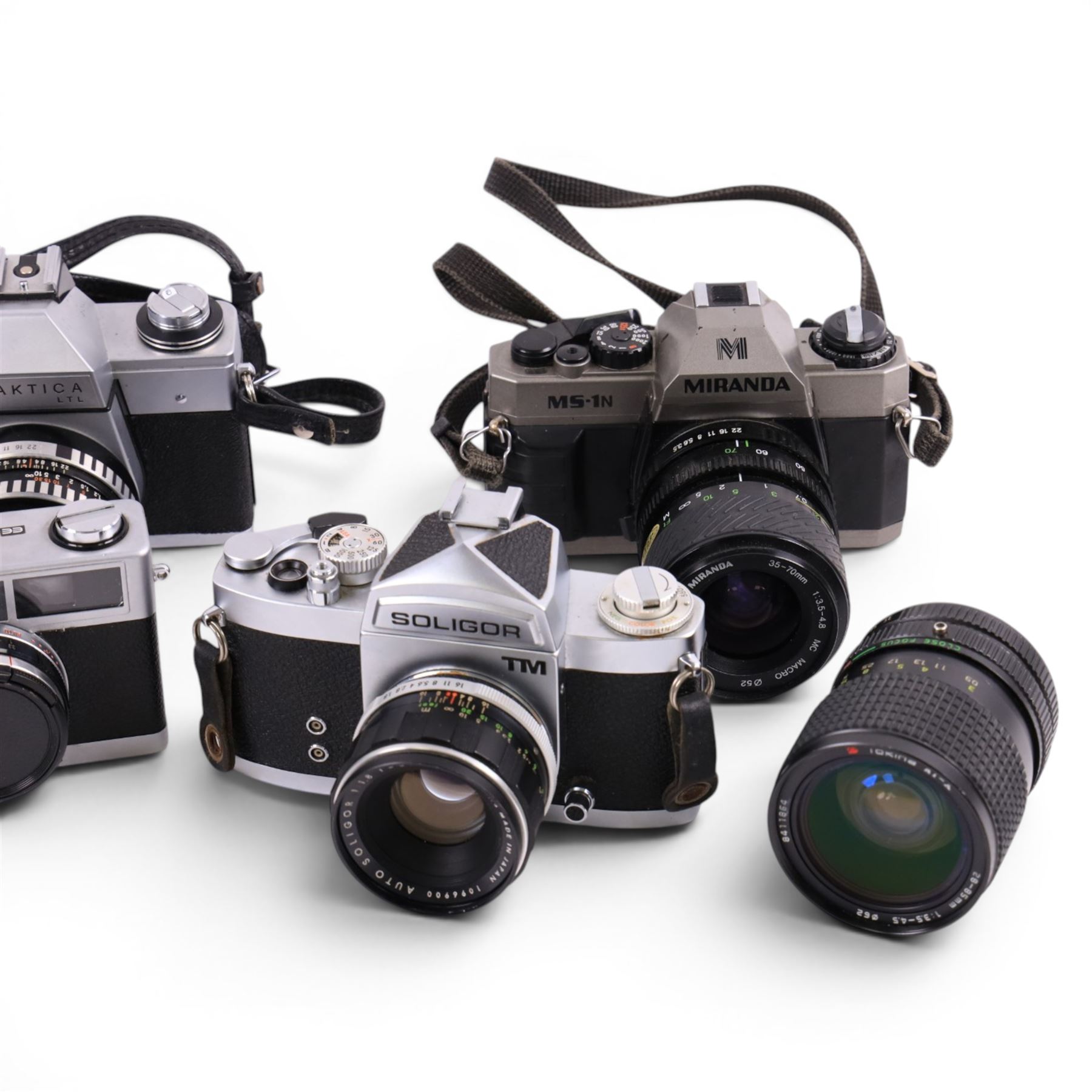 Collection of cameras, including Nikon F-301, Mamiya 135, Praktica LTL, Miranda M5-1N, Soligor TM, etc, with Sigma Zoom Master 1:2.8-4, f=35-70mm lens, Tokina 28-85mm 1:3.5-4.5 lens, etc