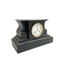 French - 19th century Belgium slate mantle clock with an 8-day Parisian movement, rectangular break front case with a flat top on a broad plinth, enamel dial with Roman numerals and steel moon hands, twin train countwheel movement striking the hours and half hours on a bell. With pendulum.