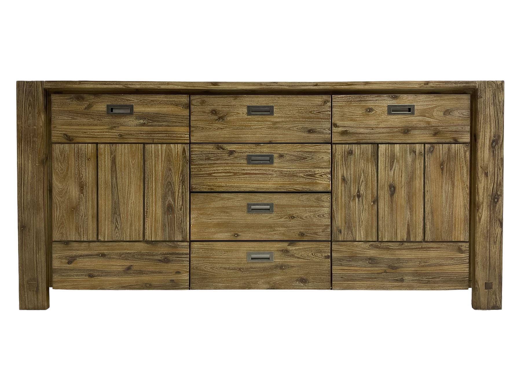 Contemporary hardwood sideboard, fitted with four drawers flanked by two cupboards, each with recessed metal handles
