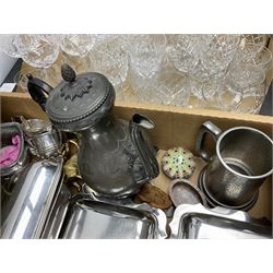 Spode Italian pattern bowl, together with quantity of silver-plated metalware and glassware, brass candlesticks etc in three boxes