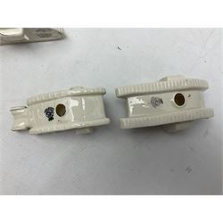 Twelve crested china models of WW1 tanks by Grafton, Arcadian and Carlton china etc with crests from Caistor Lincs, Saffron Walden, Paignton, Evesham etc  , together with a crested china model of the R.M.S Lusitania with New Brighton crest and a two-handled vase for 'The Forts Boxhill' (14)