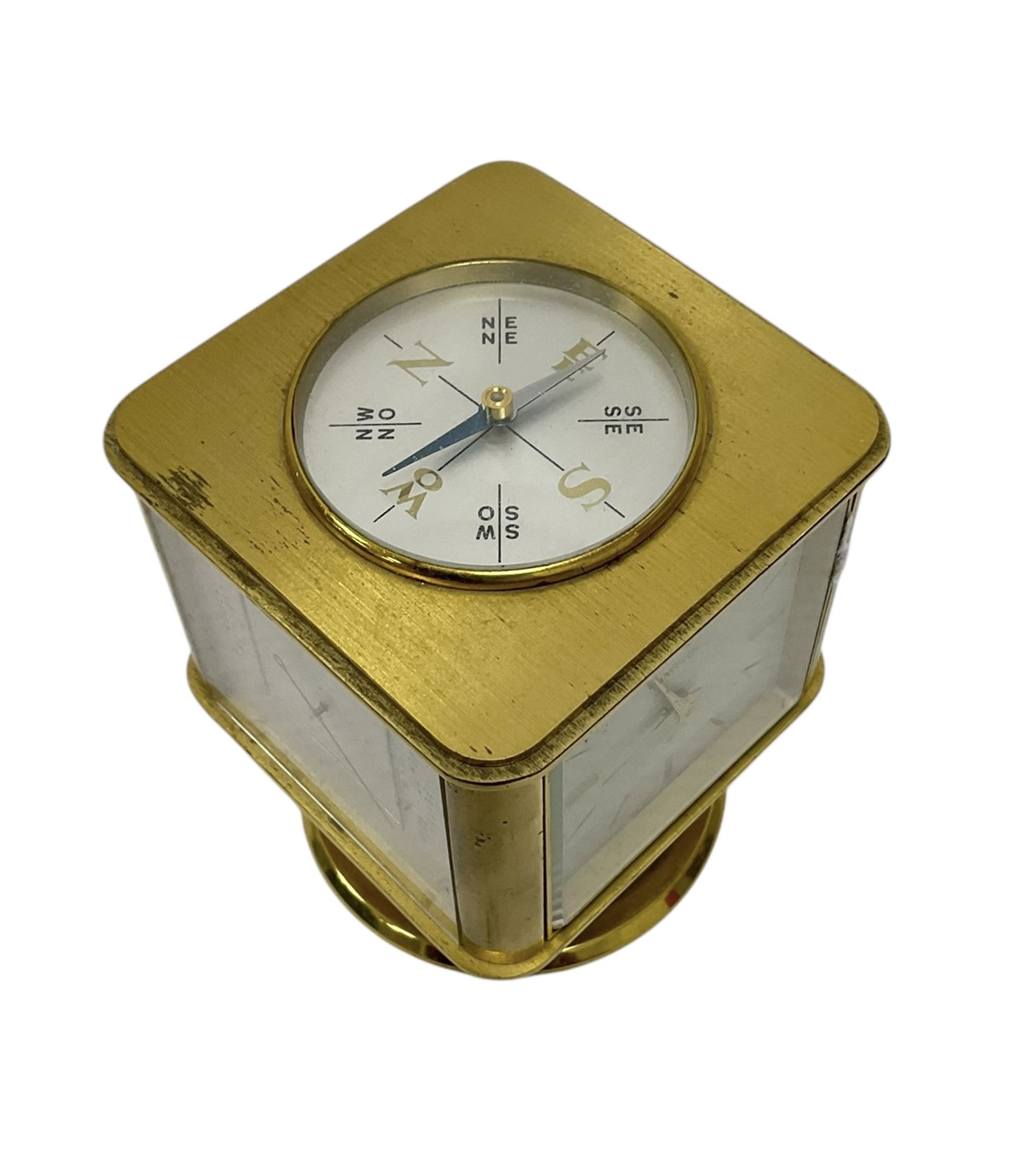 20th century-Angelus clock and weather station combined, in a satin gilt case with an 8-day clock movement, hygrometer, barometer, thermometer and compass.