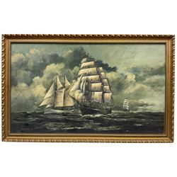 Roger Steel (British Mid-20th century): '1956 Tall Ships Race' - the Swedish 2-masted gaff schooner 'Gladen' and the Danish fully rigged 'George Stage II', oil on board signed and dated '71, labelled verso 30cm x 50cm