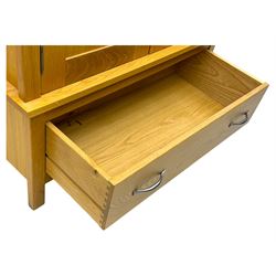 Light oak double wardrobe, hanging rail with single drawer on square legs 