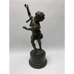 After E Plat, bronze modelled as a dancing child, signed E. Plat, upon cylindrical black marble base, H40cm