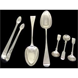 Pair of Victorian silver Old English pattern dessert spoons, hallmarked London 1838, probably Elizabeth Eaton, three silver Fiddle pattern salt spoons, hallmarked Josiah Williams & Co, London 1929, and a pair of Georgian bright cut engraved sugar tongs, approximate total silver weight 4.56 ozt (142 grams)
