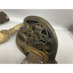 Victorian British Army officer's sword by Hobson & Sons Little Windmill Street London, the 82cm fullered steel blade etched with crowned Victoria cypher and 'HM 1st West York R.V.', lined gilded brass three-bar hilt incorporating Victoria cypher and wire-bound fish skin grip with plaited knot; in steel scabbard with two hanging rings L99cm overall