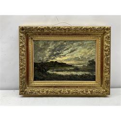H G H (19th/20th century): Sunset over a River, oil on mahogany panel indistinctly signed 27cm x 41cm