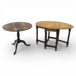 19th century oak country tables, comprising a oak country tripod table, circular top on a ...