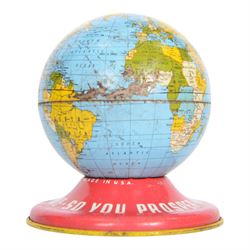 Ten vintage tin plate money boxes, including All American  Toys Mail-Bank, Chad Valley Airwaves Money Box, Chad Valley Post Office Money Box, Canister Co. Ltd Natural No.1 Peas Money Box, etc, tallest H23cm