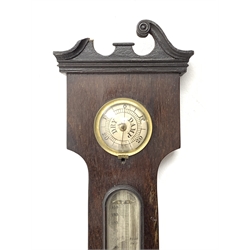 Early 19th century rosewood five dial banjo barometer, swan neck pediment, circular silvered dial with engraved register and centre decoration, H107cm