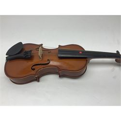 Four Chinese graduated violins - full size with 35.5cm two-piece back; three-quarter size with 33.5cm two-piece back; half size with 31cm two-piece back; and quarter size with 27.5cm two-piece back; all cased except full size; one with bow (4)
