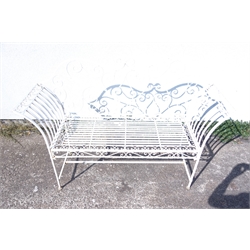  White painted open work wrought metal garden bench, L144cm  