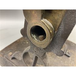 Victorian cuff and collar tabletop mangle, the ribbed brass rollers in a cast iron frame mounted on a wooden base