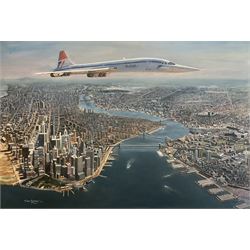 James Lishman (British 1931-2024): 'Farewell My Lovely' Panoramic View of New York, oil on board signed, titled verso 60cm x 87cm 