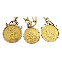 9ct gold curb link bracelet, with clip clasp, two gold full sovereigns dated 1910 (Perth mint) and 1912 and a half sovereign dated 1913