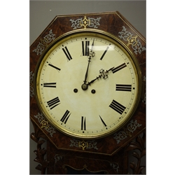  Victorian figured walnut drop dial clock, inlaid with pewter and brass, twin fusee movement, striking on bell, carved mounts, H75cm   