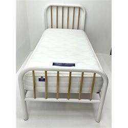 Pair Conran 3’ single beds- white tubular frame with beech spindles, and Silentnight sprung memory foam mattresses
