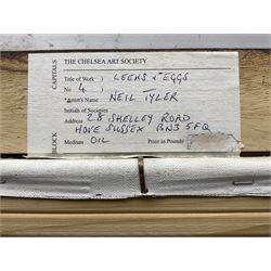 Neil Tyler (British 1945-): Still Life 'Leeks and Eggs', oil on canvas signed and dated '03, 46cm x 64cm
Provenance: exh. Chelsea Art Society, label verso
