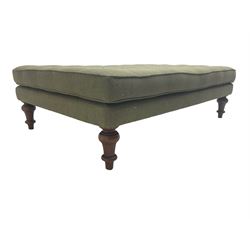 Peter Silk of Helmsley - large rectangular footstool upholstered in buttoned green tweed fabric, on turned mahogany feet