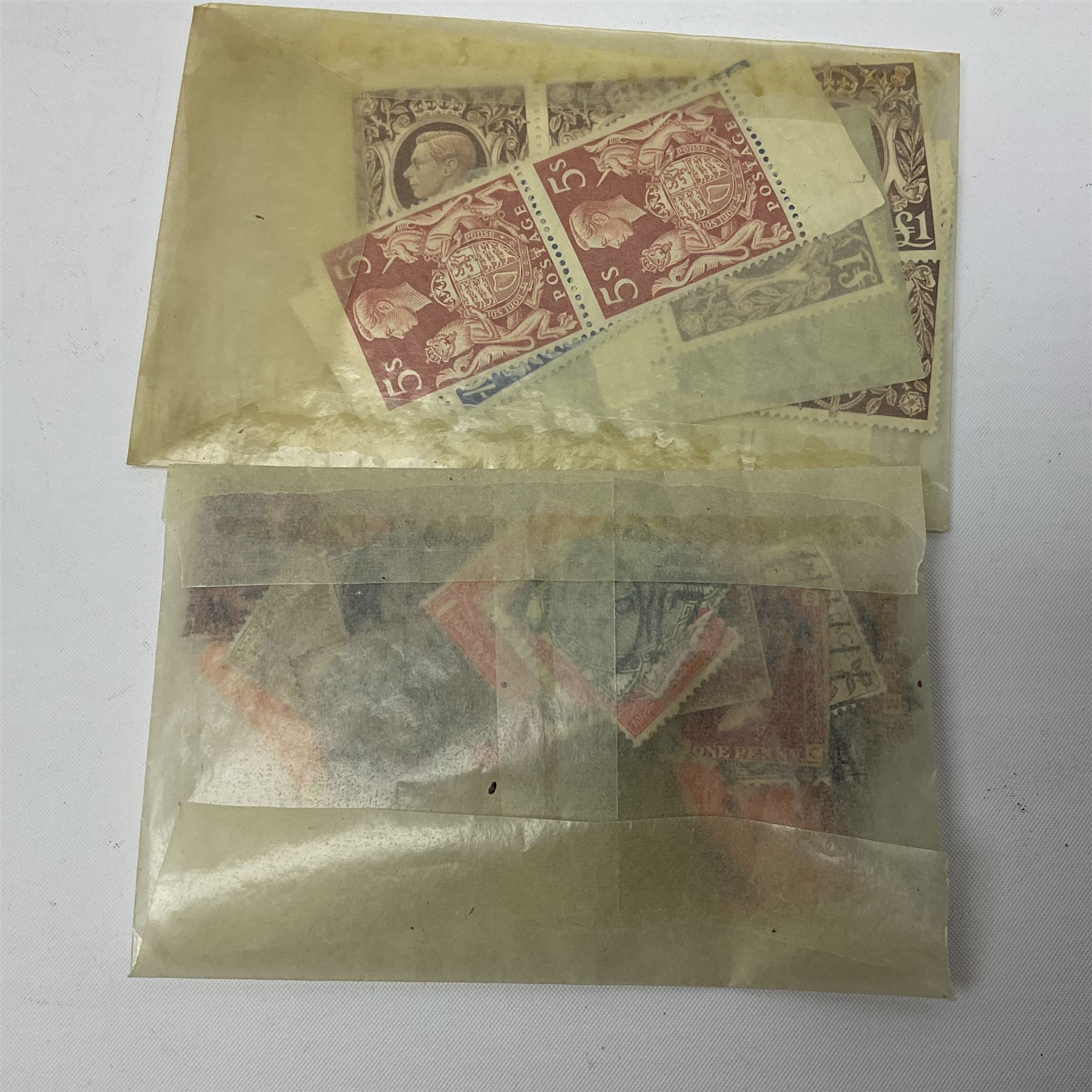 Mostly Great British Queen Victoria and later stamps, including imperf penny reds, 1841 two pence blues white lines added, imperf penny red on cover with 'More To Pay', half penny 'bantams', perf penny reds etc, in album, on pages and loose in packets