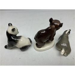 Collection of Russian Lomonosov USSR animal figures, to include  lynx, tiger, red panda, sealion, panada, etc 
