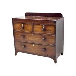 19th century mahogany chest, rectangular top with raised gallery back, fitted with two short and two long cockbeaded drawers, each with bone escutcheon, on shaped bracket feet