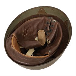 WWII MKII British Army steel helmet, together with British dispatch rider helmet,  French M26 and one other 