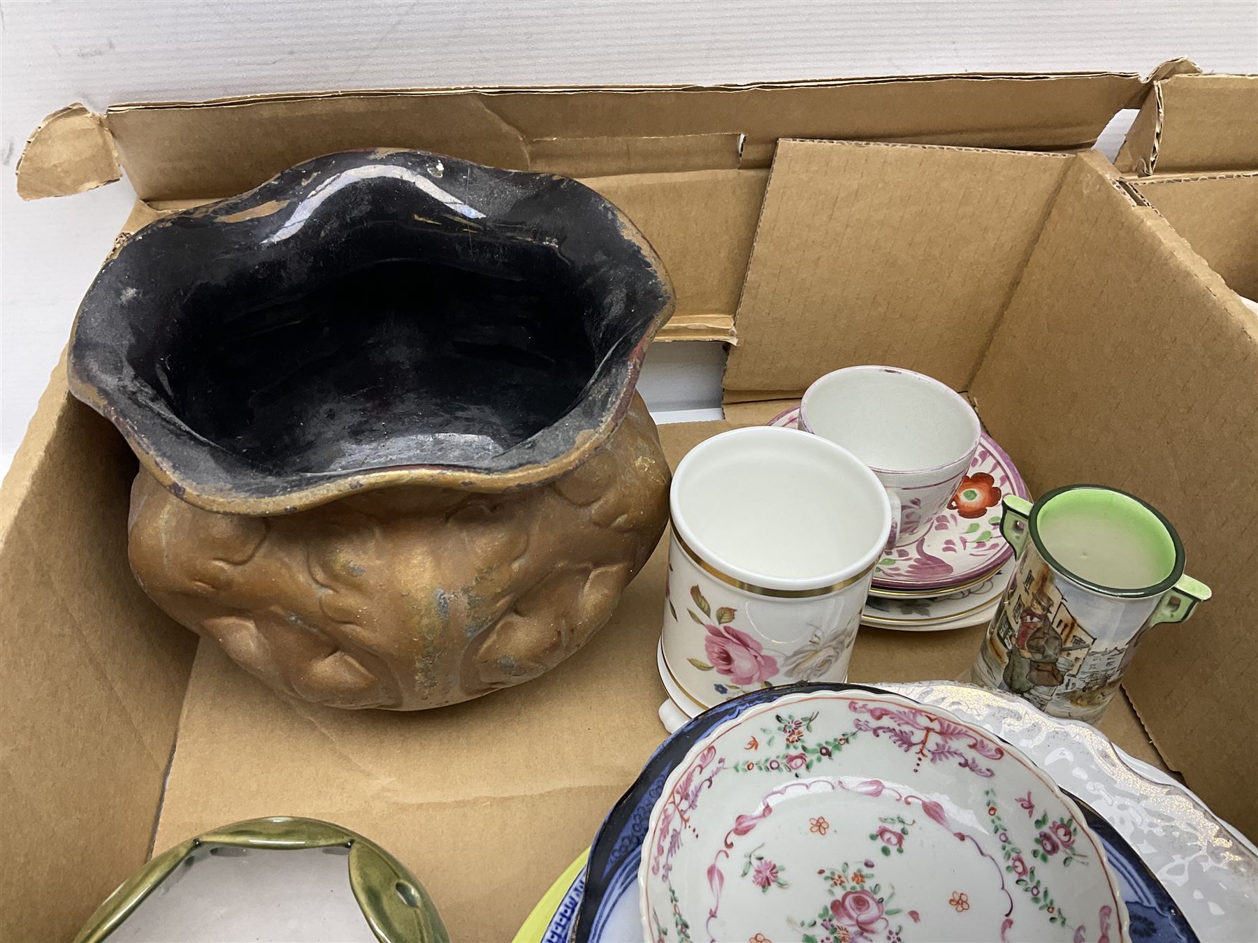 Collection of ceramics to include Bretby jardinière, Royal Worcester, Palissy, Royal Doulton Dickens Ware, Carlton ware, 19th century small dish painted with roses and foliate decoration, lustre, Poole etc in two boxes