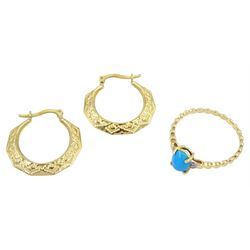 Gold turquoise diamond ring and a pair of gold hoop earrings, both 9ct