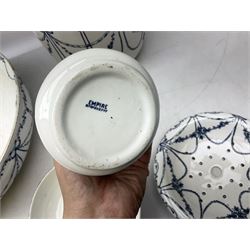 Victorian Empire blue and white transfer printed slop bucket with lid, H28cm excl handle, wash jug and bowl set with toothbrush holder, soap dish and drainer etc