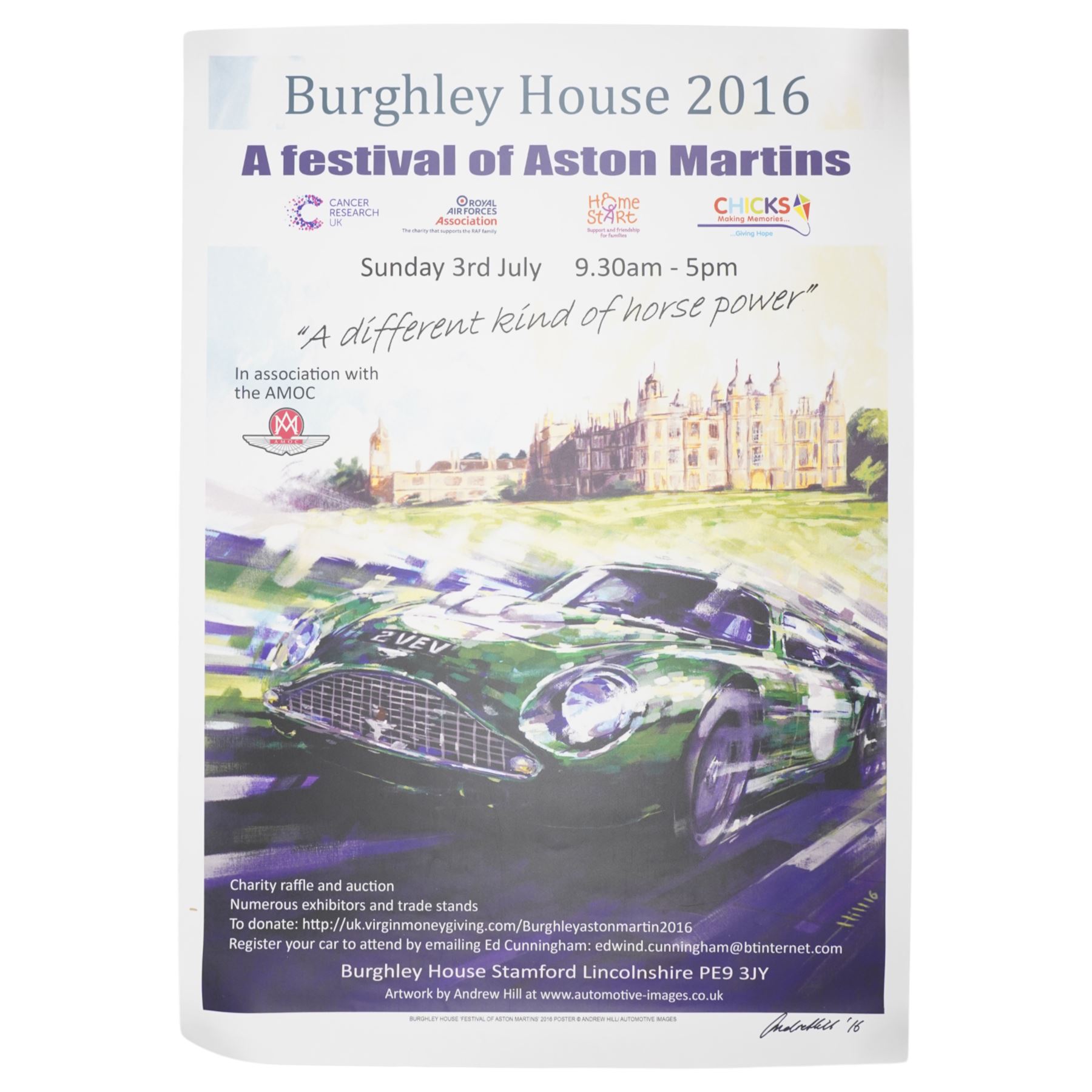 Two Grand Prix posters, including Aintree RAC British Grand Prix pub.1955 and another for A Festival of Aston Martins, Burghley House 2016, 1955 poster 58cm x 39cm (2)