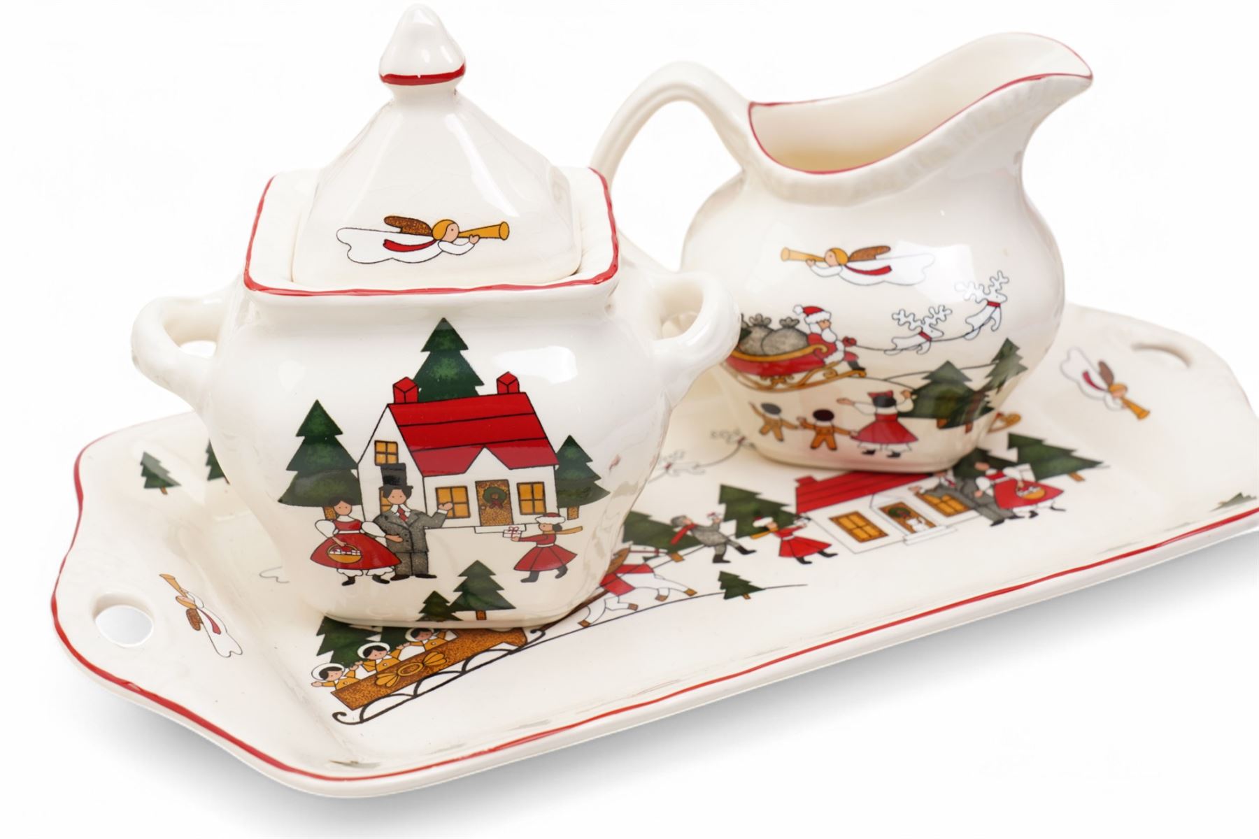 Masons Christmas Village tea wares, designed by Marsten-Mandrajji, comprising three-tiered an other cake stand, large bowl and jug, two twin-handled serving dishes, mug and two teacups, plates of various sizes etc