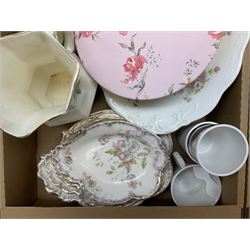 Spode serving dish in the form of a leaf together with other ceramics including colclough tea set, toffee jar, wash basin and jug etc, and coloured glass, four boxes