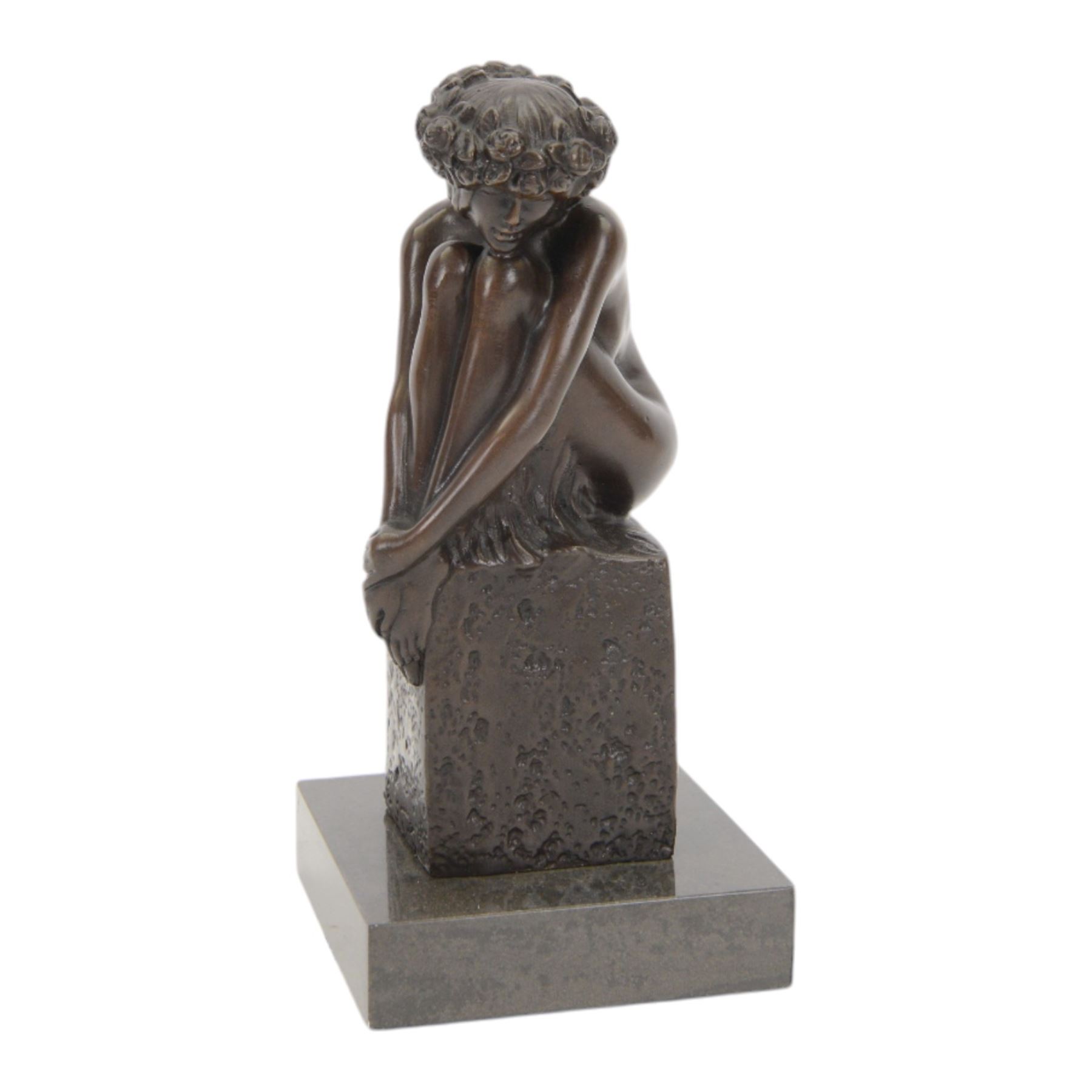 Bronze Virgo figure, modelled as a nude female with floral wreath and holding knees to her chest, signed Pino to base, upon marble plinth, H24cm 
