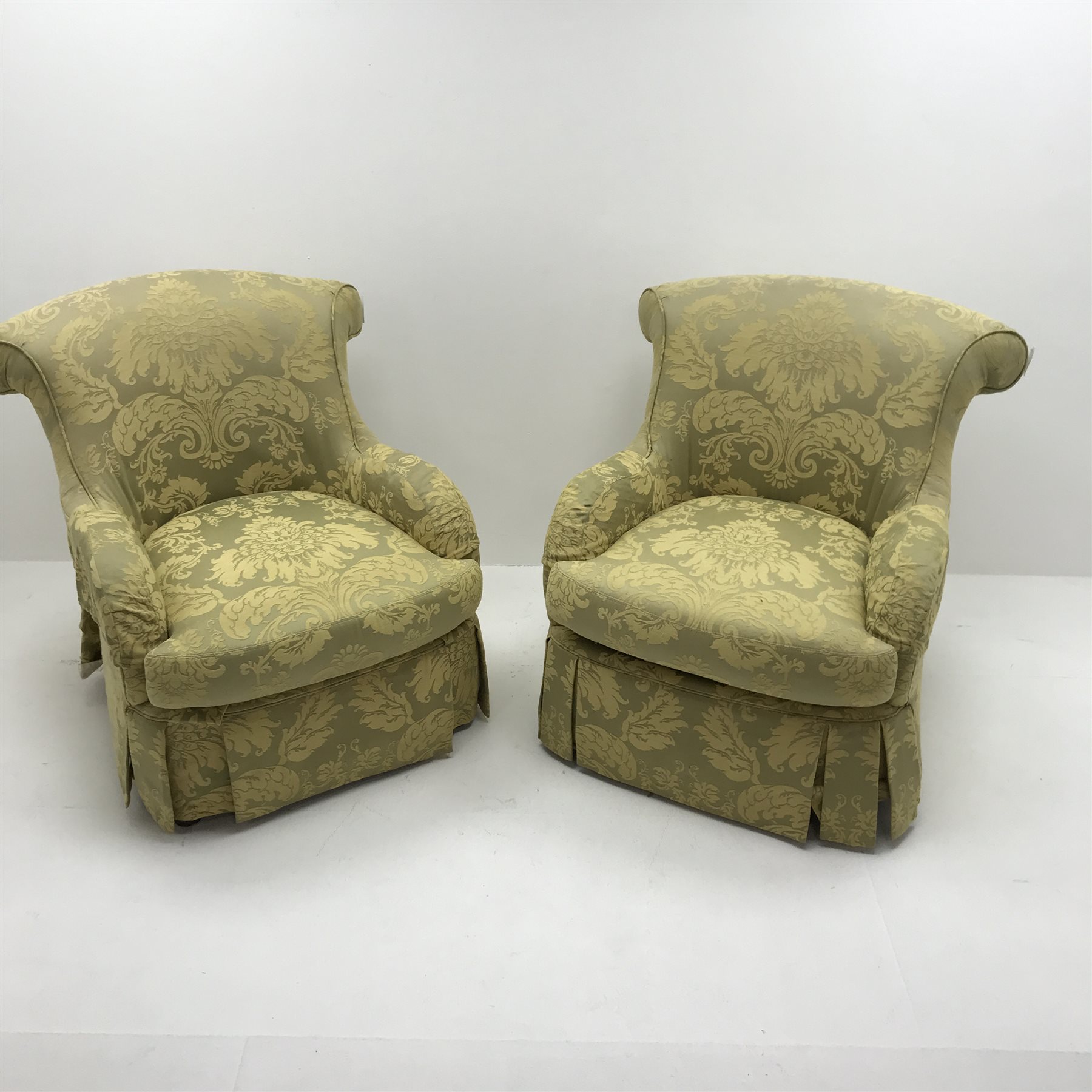 Pair fan back armchairs upholstered in classic gold fabric with floral pattern, W83cm