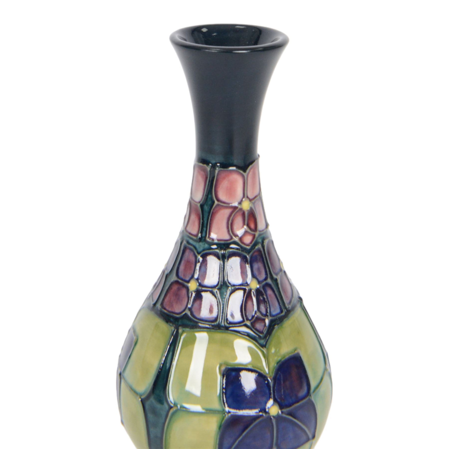 Two Moorcroft vases, in violets pattern, with original boxes, bud vase H17cm