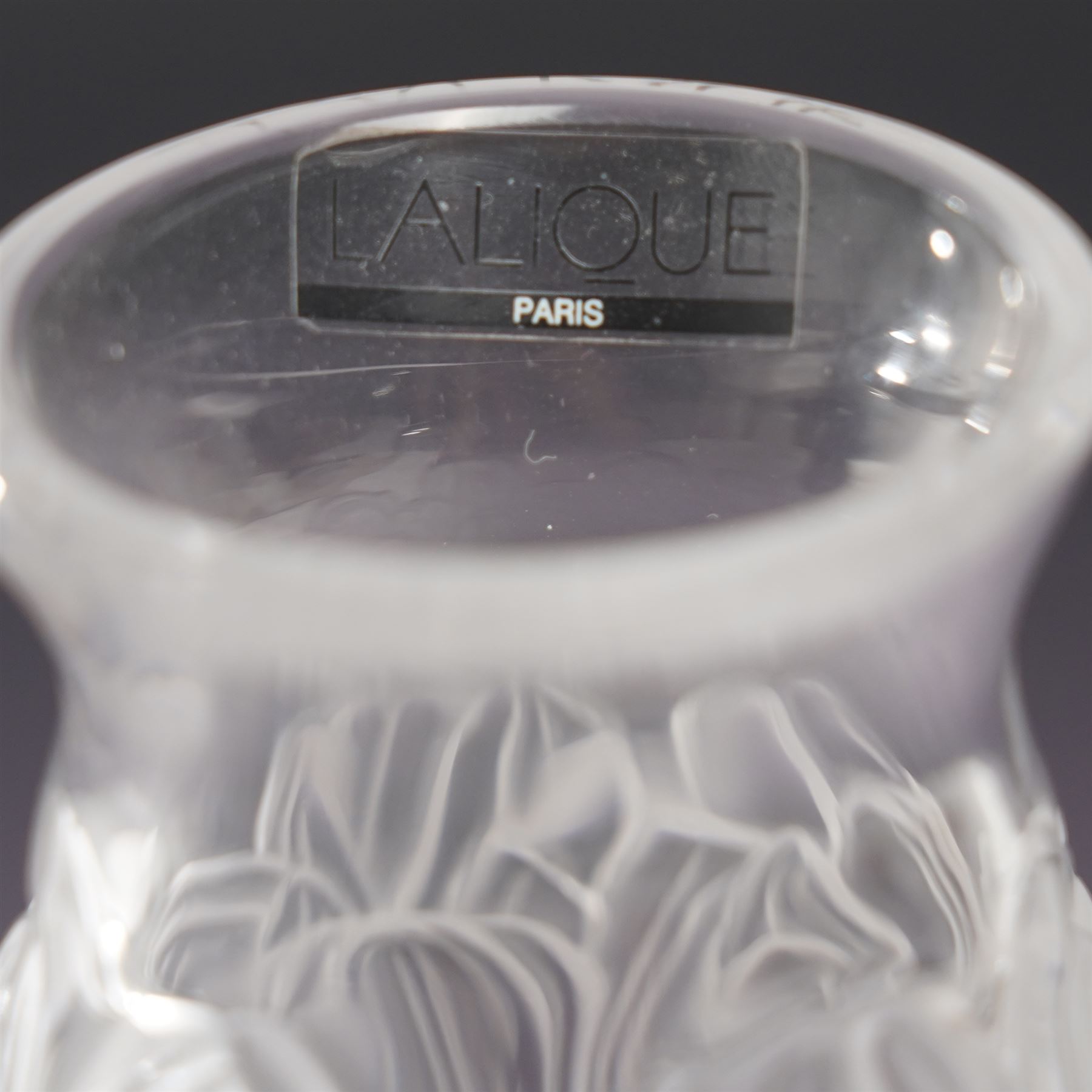 Lalique Tulip pattern glass vase of baluster form, the base signed 'Lalique, France' 17.5cm