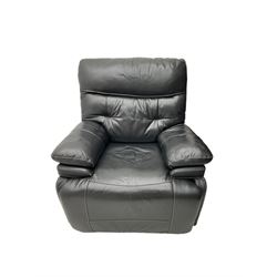 Two piece black leather electric reclining lounge suite - corner sofa (W290cm, D215cm), and matching armchair (W105cm)