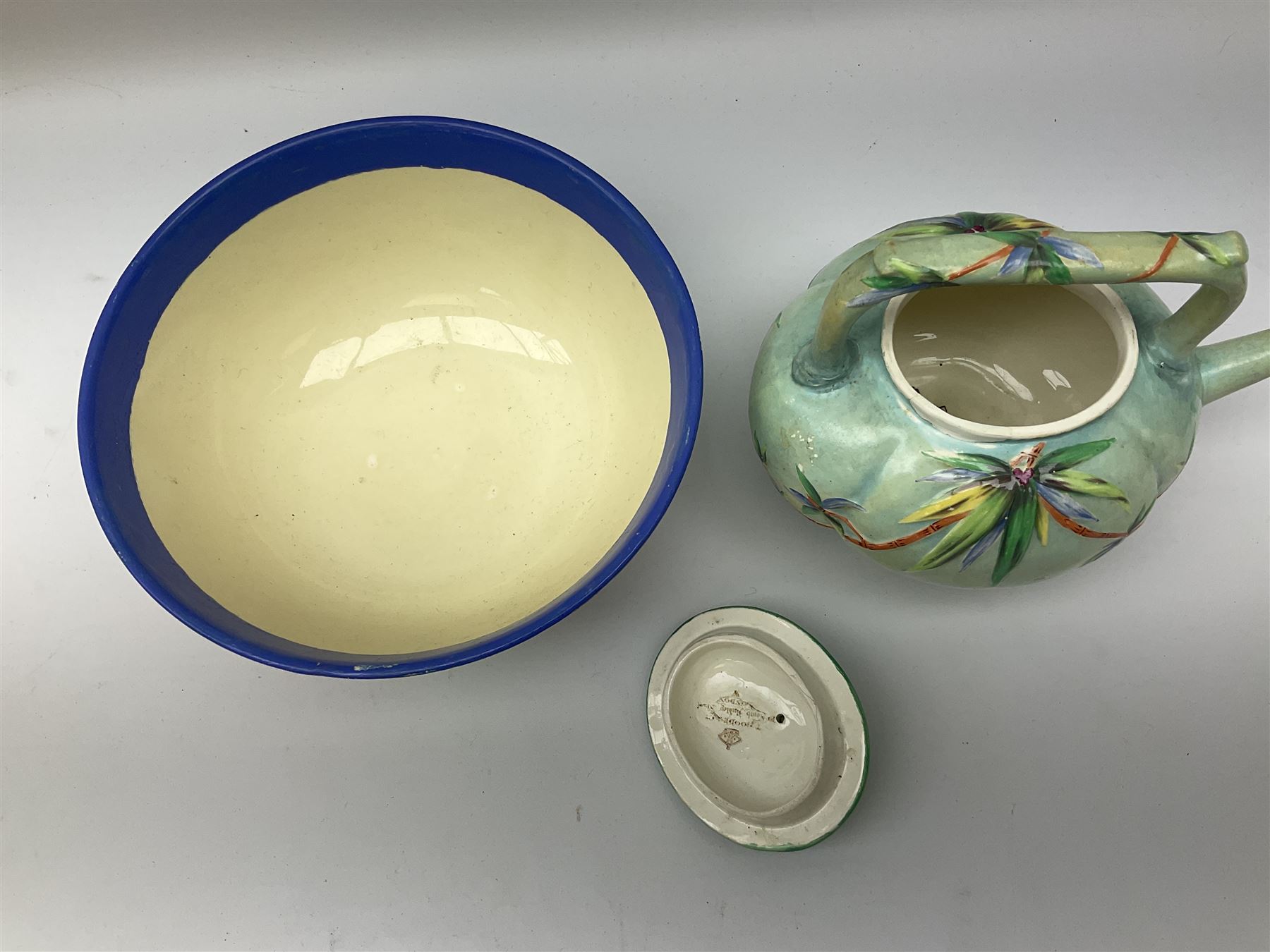 Clarice Cliff for Newport Pottery Delicia pattern bowl, D20cm, Victorian Wedgwood oval tea pot retailed by Goode & Co and in the Bamboo pattern and three other items
