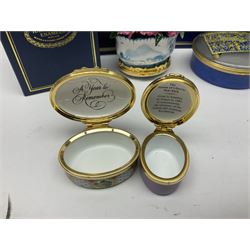 Halcyon Days bonbonniere, modelled as pink roses in a planter painted with a blue and white Japanese scene, together with five Halcyon Days enamel boxes, one a larger example depicting 'The Becket Casket' and four smaller boxes, including The 1993 Easter Egg, Happy Birthday and Statue of Liberty examples, all boxed, Becket Casket D8cm