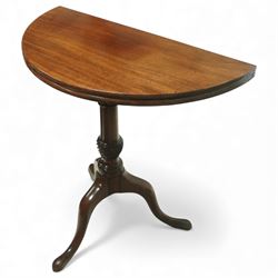 Georgian mahogany demi lune card table, hinged top opening to reveal a green baize playing...