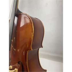 Two student half-size cellos - Boosey & Hawkes Artia with 65cm one-piece back and spruce top; bears maker's label; L104cm overall; and Romanian with 65.5cm two-piece maple back and ribs and spruce top; bears label; L108.5cm overall; each in soft carrying case with two bows (2)