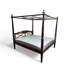 Georgian design Indian sheesham hardwood framed four poster bed, lattice slats to the top supported by reeded cylindrical and octagonal column uprights, the pierced stepped headboard carved with floral motifs, with associated mattress