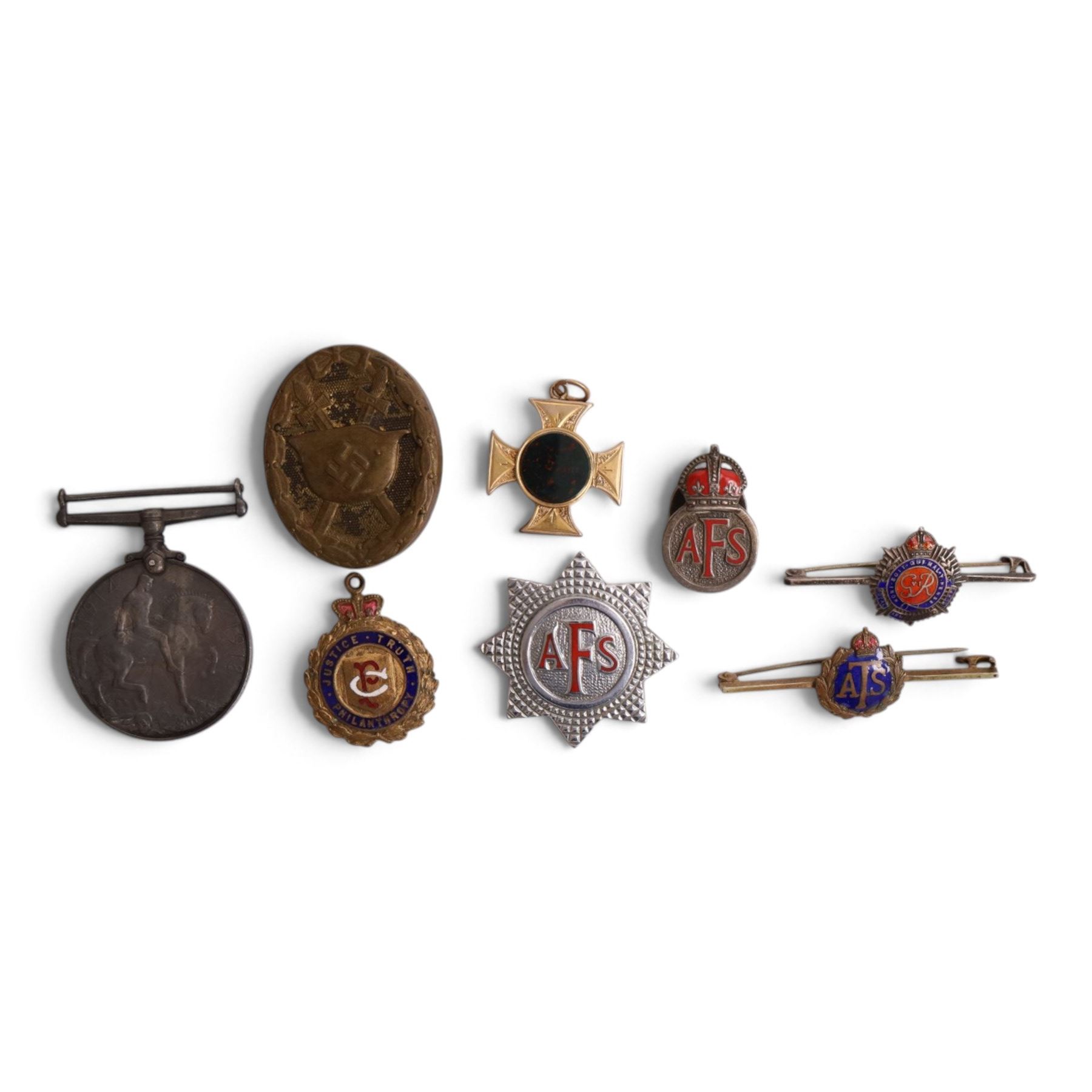WWI British War medal, awarded to 48876 Pte S.Balme S. Wales Bord, together with WWII German Wound badge. two sweetheart badges etc 
