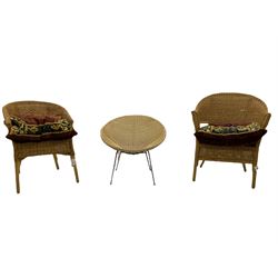 1960s retro basket chair, two wicker armchairs with seat cushions
